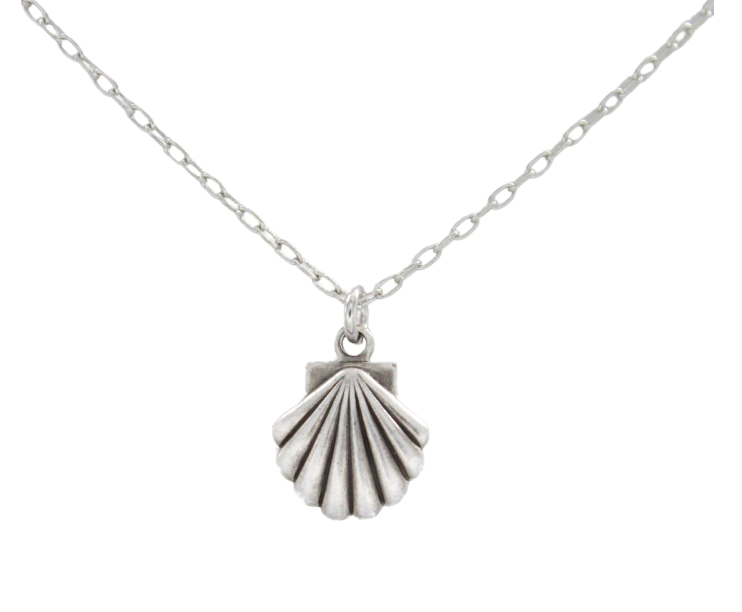 The Beach Pearl Shell Soft Necklace by Firefly features a delicate silver chain with a small, detailed scallop shell pendant, displayed on a plain white background.