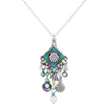 The Beach Pearl Diamond Shell w/Fringe Soft Necklace by Firefly features a shell pendant, turquoise accents, colorful beads, small shells, pearls, and fringe charms—handmade in Guatemala in Firefly’s signature style.