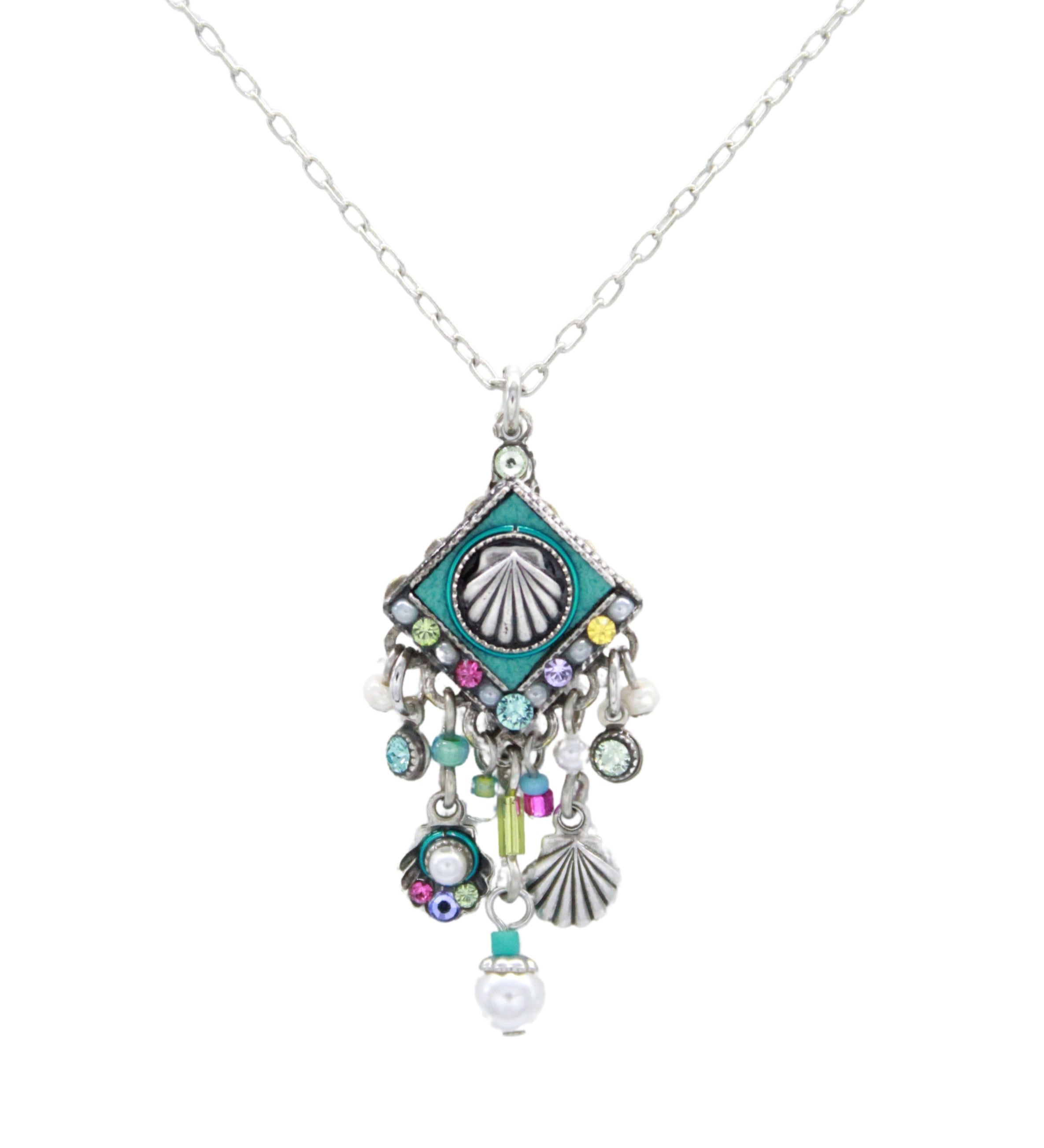 The Beach Pearl Diamond Shell w/Fringe Soft Necklace by Firefly features a shell pendant, turquoise accents, colorful beads, small shells, pearls, and fringe charms—handmade in Guatemala in Firefly’s signature style.