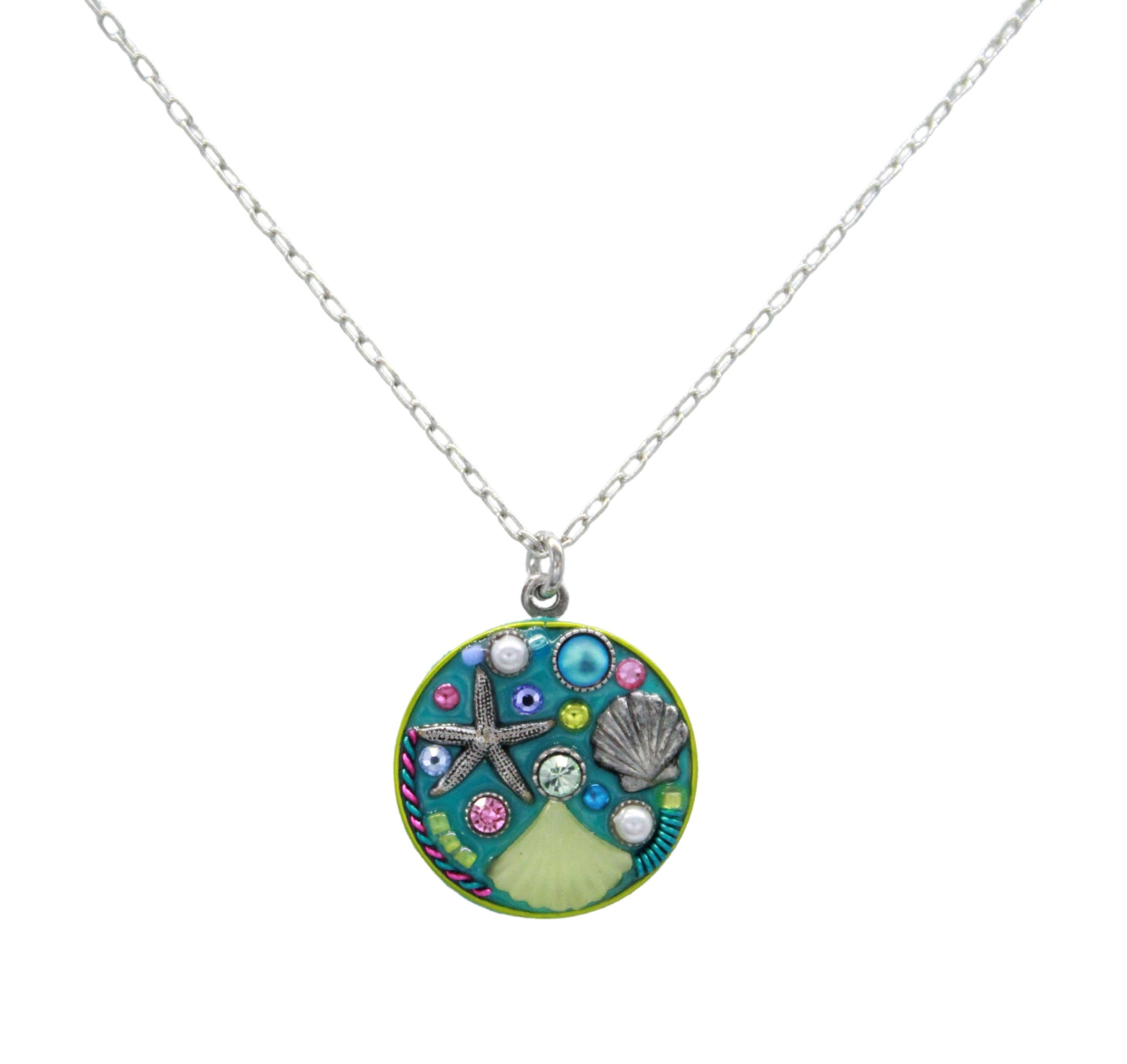 The Beach Glass Round Soft Necklace from Firefly Jewelry features a colorful, abstract tree design with blue, pink, and green accents and sparkling stones—an eye-catching handmade piece from Firefly.