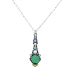 The Beach Glass Drop Soft Necklace by Firefly features a handmade, ornate silver chain with a green glass pendant accented by multicolored stones. Crafted in Guatemala, this elegant piece is shown on a white background.