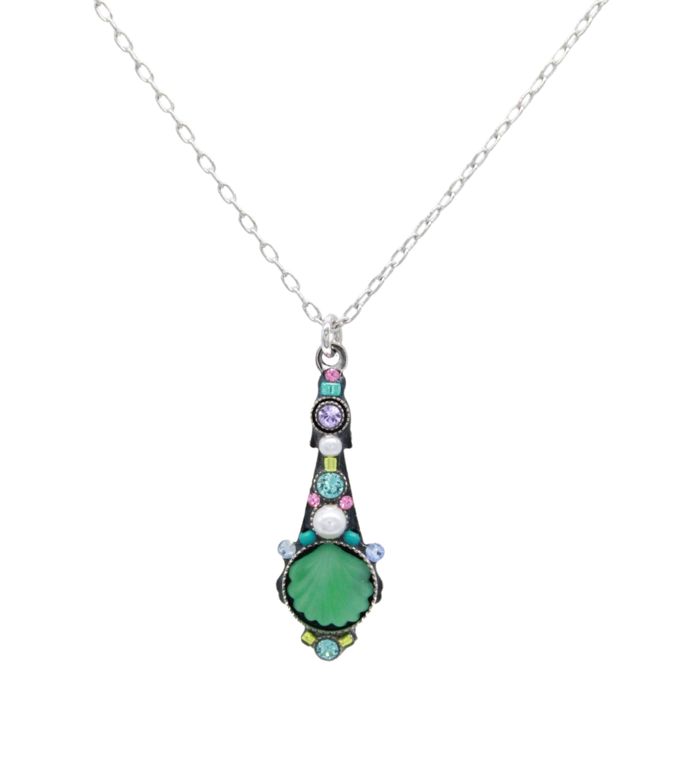 The Beach Glass Drop Soft Necklace by Firefly features a handmade, ornate silver chain with a green glass pendant accented by multicolored stones. Crafted in Guatemala, this elegant piece is shown on a white background.