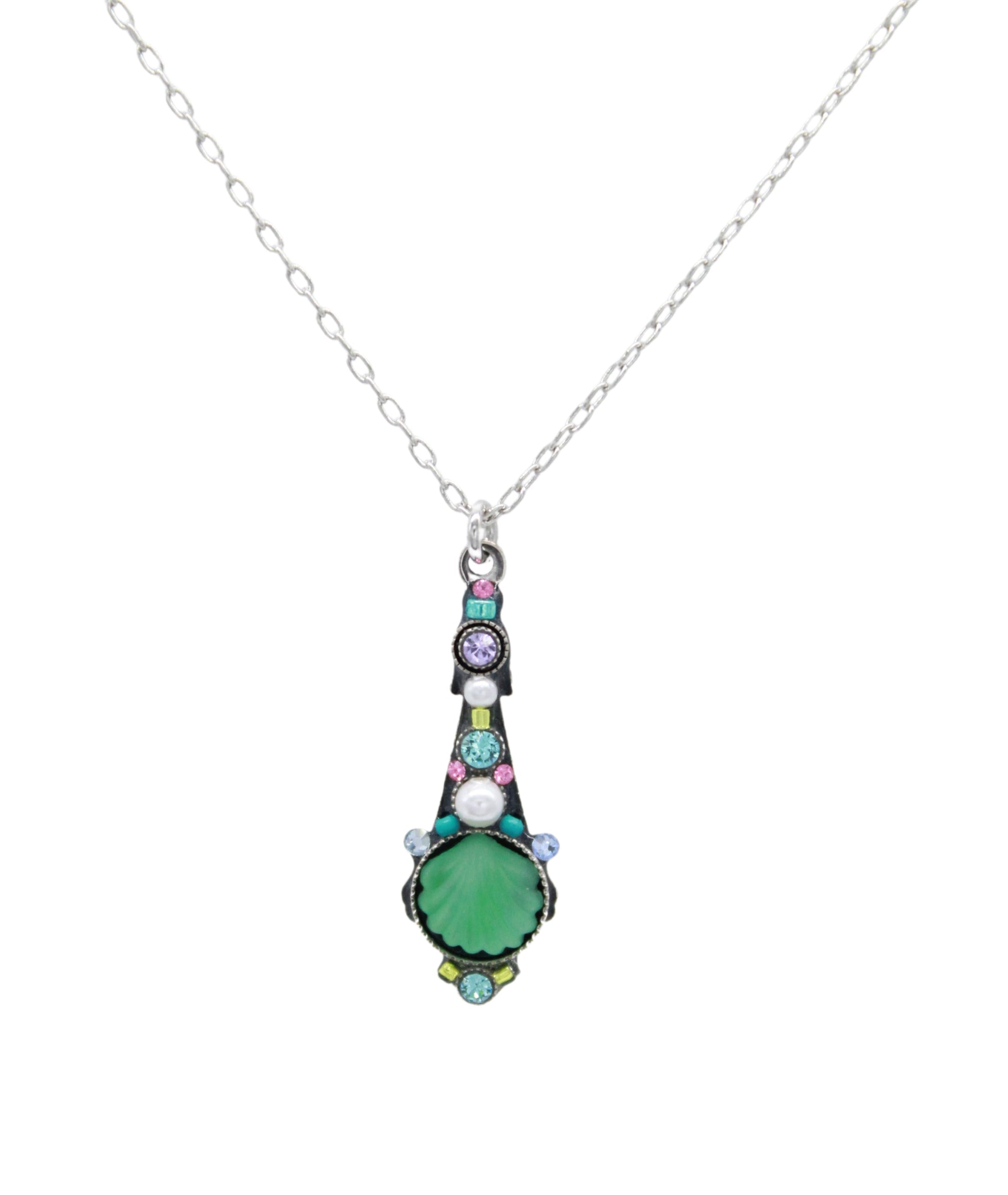 The Beach Glass Drop Soft Necklace by Firefly features a handmade, ornate silver chain with a green glass pendant accented by multicolored stones. Crafted in Guatemala, this elegant piece is shown on a white background.