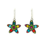 A pair of Firefly Starfish Multi-Color Earrings featuring vibrant gemstones in red, yellow, green, blue, and purple, handmade in Guatemala with dark metal and silver hooks.