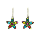 A pair of Firefly Starfish Multi-Color Earrings featuring vibrant gemstones in red, yellow, green, blue, and purple, handmade in Guatemala with dark metal and silver hooks.