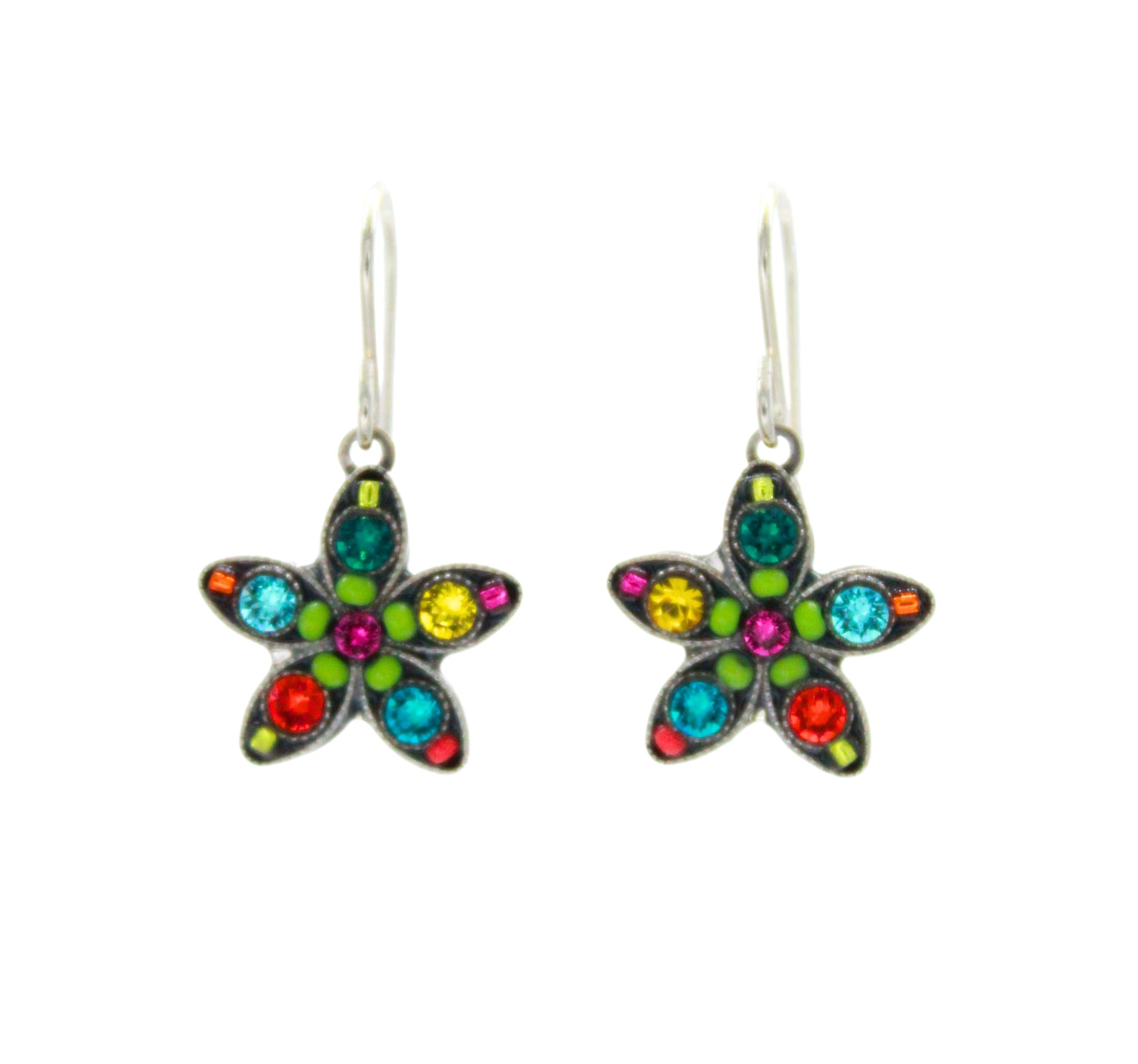 A pair of Firefly Starfish Multi-Color Earrings featuring vibrant gemstones in red, yellow, green, blue, and purple, handmade in Guatemala with dark metal and silver hooks.