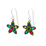 Firefly’s Starfish Multi-Color Earrings feature a handmade starfish design with vibrant blue, green, yellow, and red dots on silver hooks. These fair-trade earrings by Firefly Jewelry are shown on a white background.