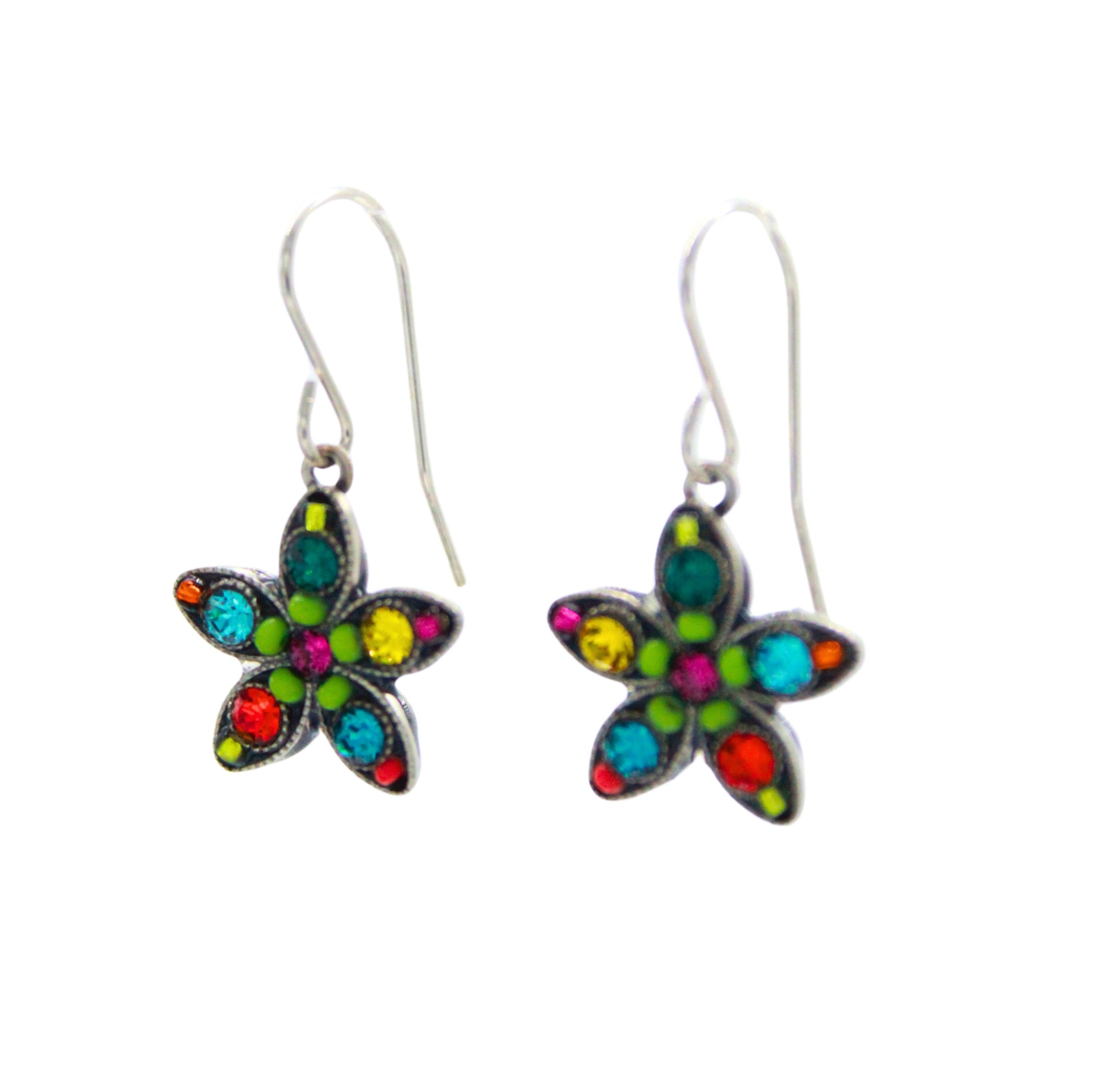 Firefly’s Starfish Multi-Color Earrings feature a handmade starfish design with vibrant blue, green, yellow, and red dots on silver hooks. These fair-trade earrings by Firefly Jewelry are shown on a white background.