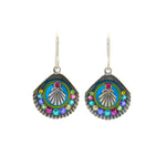 Playa Shell Large Soft Earrings by Firefly are handmade, fair-trade fan-shaped earrings with silver hooks, blue, green, and pink accents, multicolored gemstones, and a central silver shell.