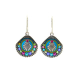 Playa Shell Large Soft Earrings by Firefly are handmade, fair-trade fan-shaped earrings with silver hooks, blue, green, and pink accents, multicolored gemstones, and a central silver shell.