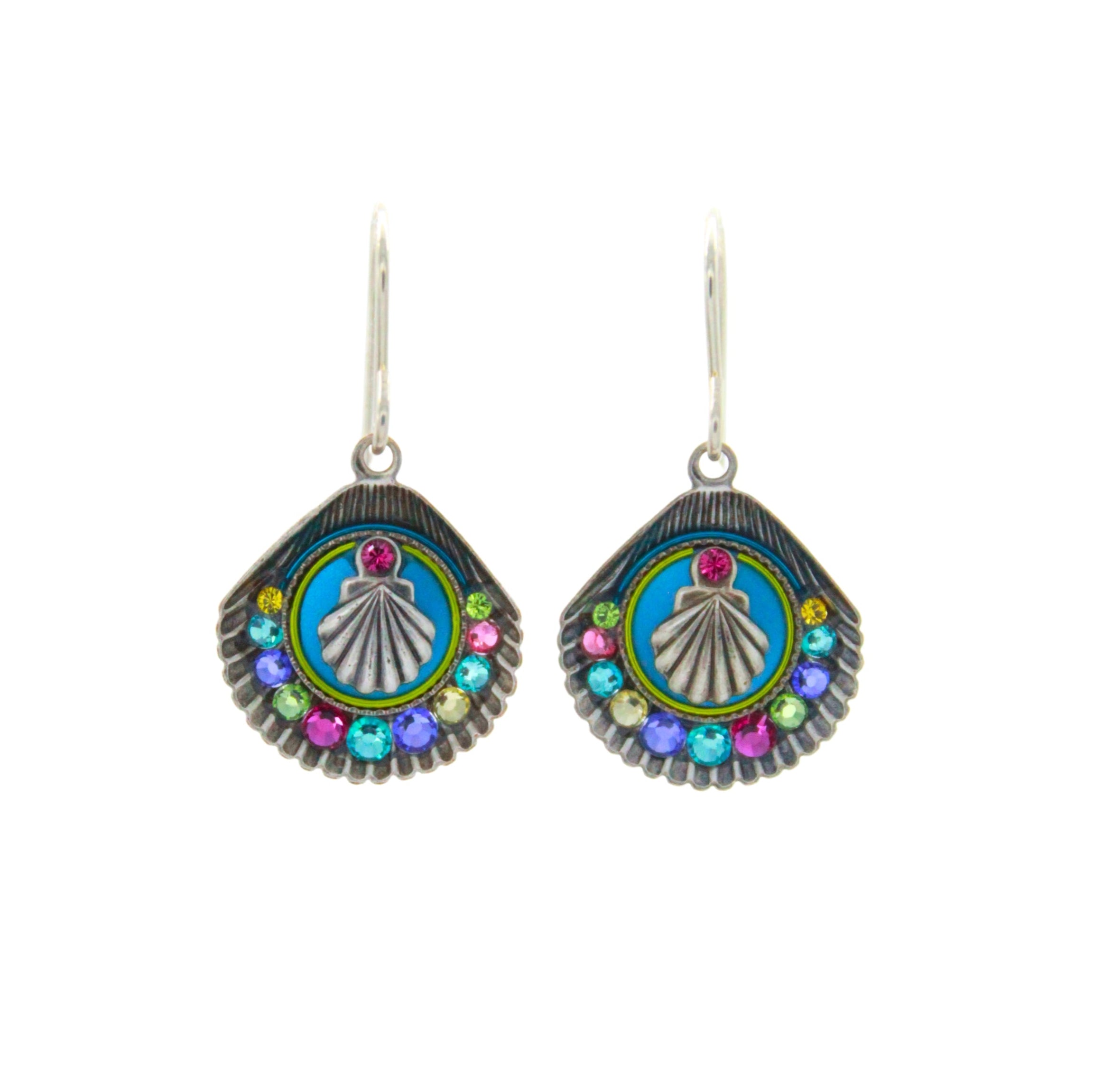 Playa Shell Large Soft Earrings by Firefly are handmade, fair-trade fan-shaped earrings with silver hooks, blue, green, and pink accents, multicolored gemstones, and a central silver shell.
