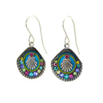 The Playa Shell Large Soft Earrings by Firefly feature vibrant, fan-shaped handmade designs with blue, green, purple, and pink accents on white. These hypo-allergenic earrings are perfect for sensitive ears.