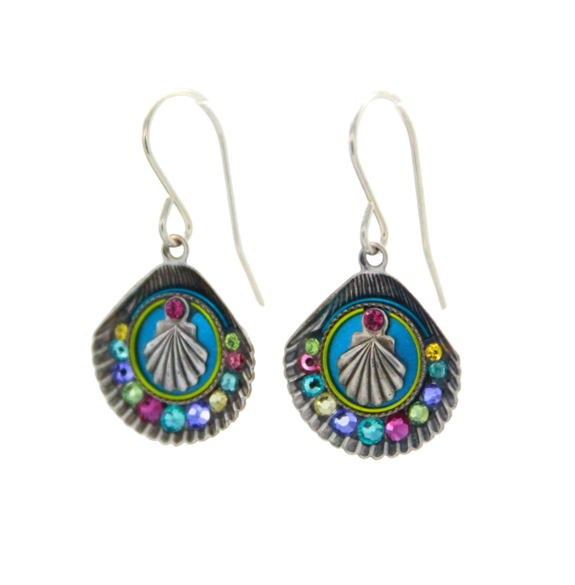 The Playa Shell Large Soft Earrings by Firefly feature vibrant, fan-shaped handmade designs with blue, green, purple, and pink accents on white. These hypo-allergenic earrings are perfect for sensitive ears.