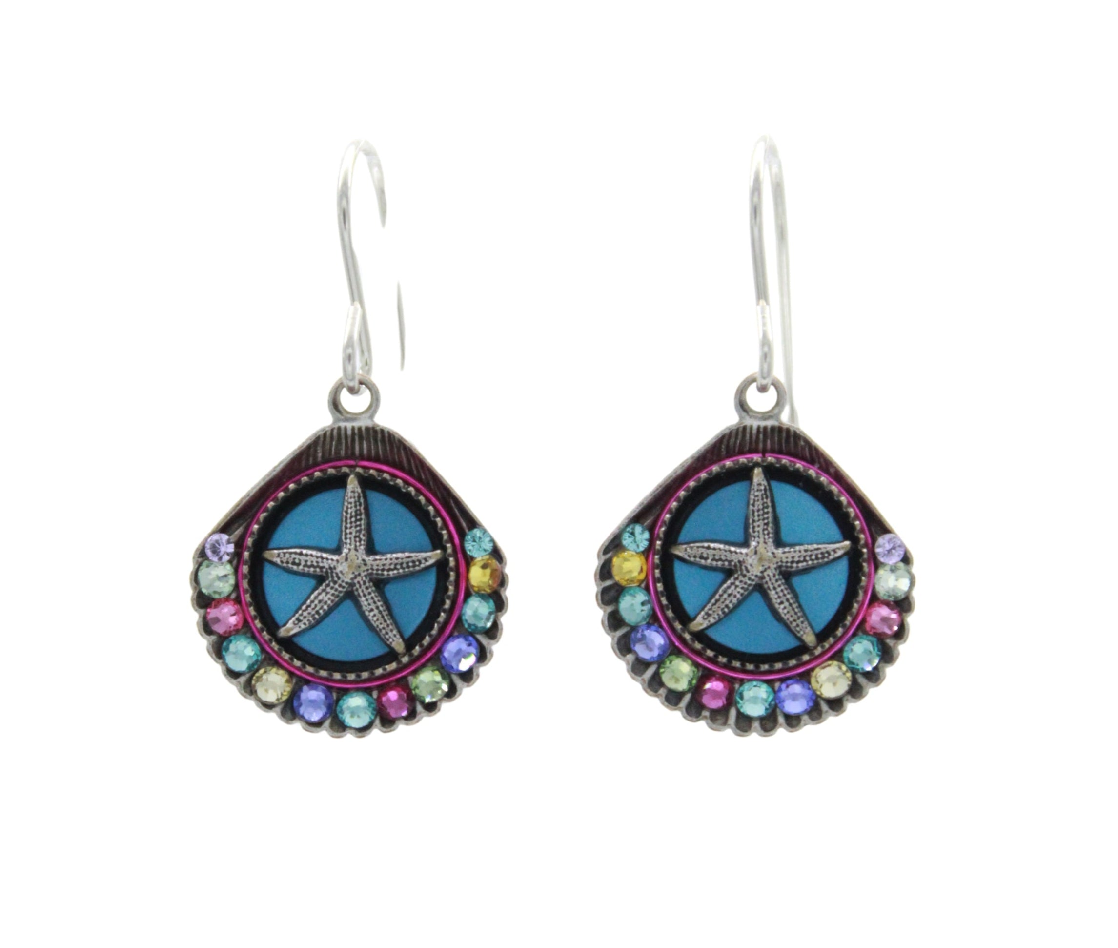 The Playa Starfish Shell Soft Earrings by Firefly feature blue star designs, multicolored beads, and silver hooks. Handmade in Guatemala, these hypo-allergenic earrings blend unique artistry and comfort.