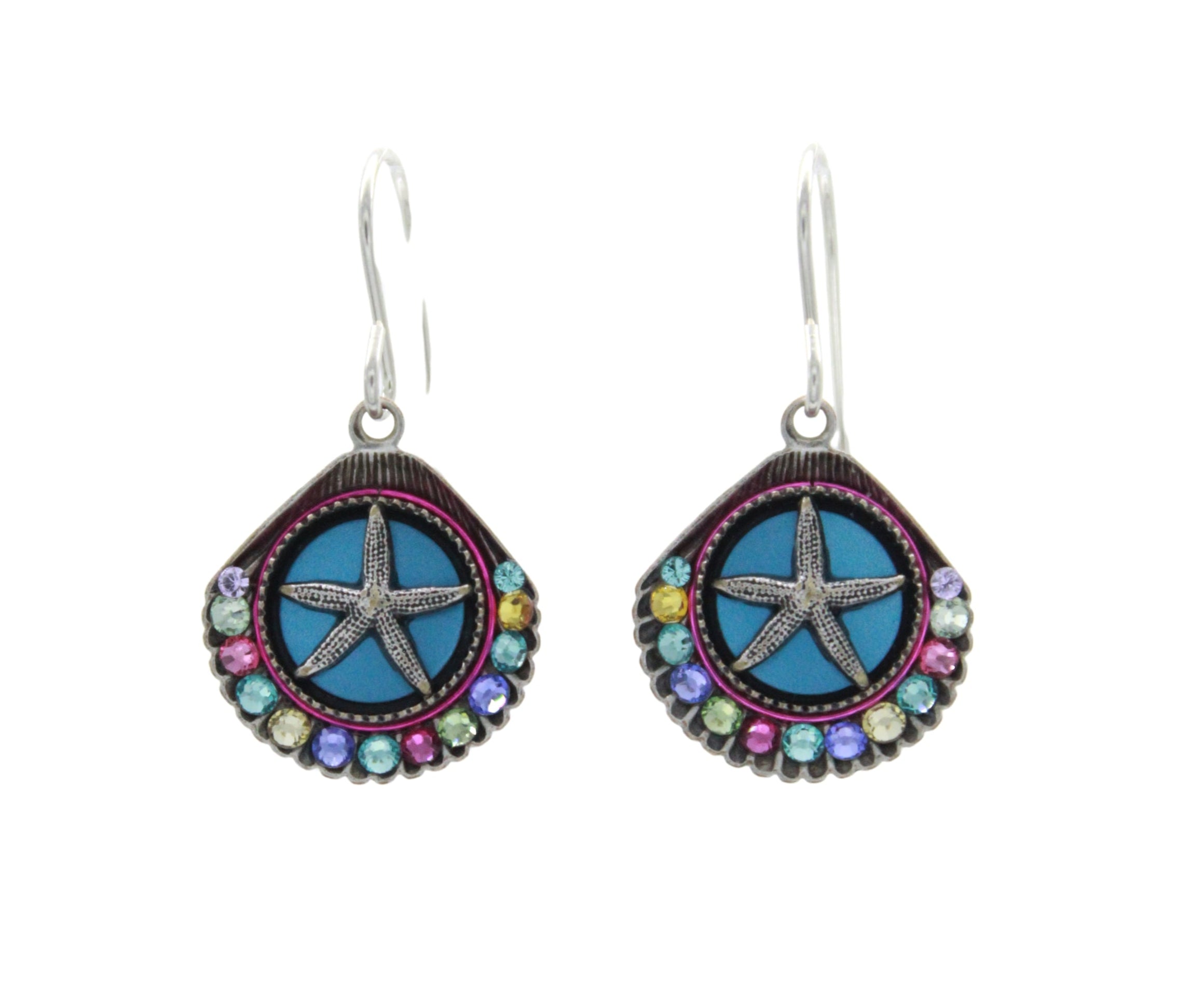 The Playa Starfish Shell Soft Earrings by Firefly feature blue star designs, multicolored beads, and silver hooks. Handmade in Guatemala, these hypo-allergenic earrings blend unique artistry and comfort.