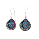 The Playa Starfish Shell Soft Earrings by Firefly feature silver hooks, blue starfish designs, and a semi-circle of colorful gemstones. Handmade in Guatemala, these hypo-allergenic earrings make stunning jewelry. Background is white.