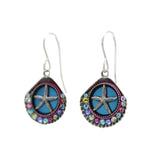 The Playa Starfish Shell Soft Earrings by Firefly feature silver hooks, blue starfish designs, and a semi-circle of colorful gemstones. Handmade in Guatemala, these hypo-allergenic earrings make stunning jewelry. Background is white.