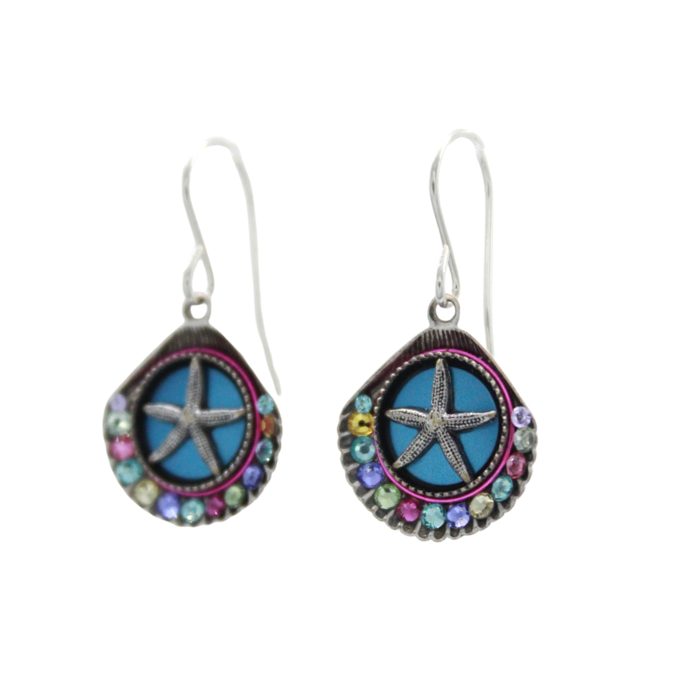 The Playa Starfish Shell Soft Earrings by Firefly feature silver hooks, blue starfish designs, and a semi-circle of colorful gemstones. Handmade in Guatemala, these hypo-allergenic earrings make stunning jewelry. Background is white.