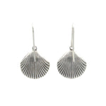 The Playa Starfish Shell Soft Earrings by Firefly feature handmade silver scallop shells with detailed ridges, crafted in Guatemala, displayed against a plain white background.