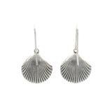 The Playa Starfish Shell Soft Earrings by Firefly feature handmade silver scallop shells with detailed ridges, crafted in Guatemala, displayed against a plain white background.
