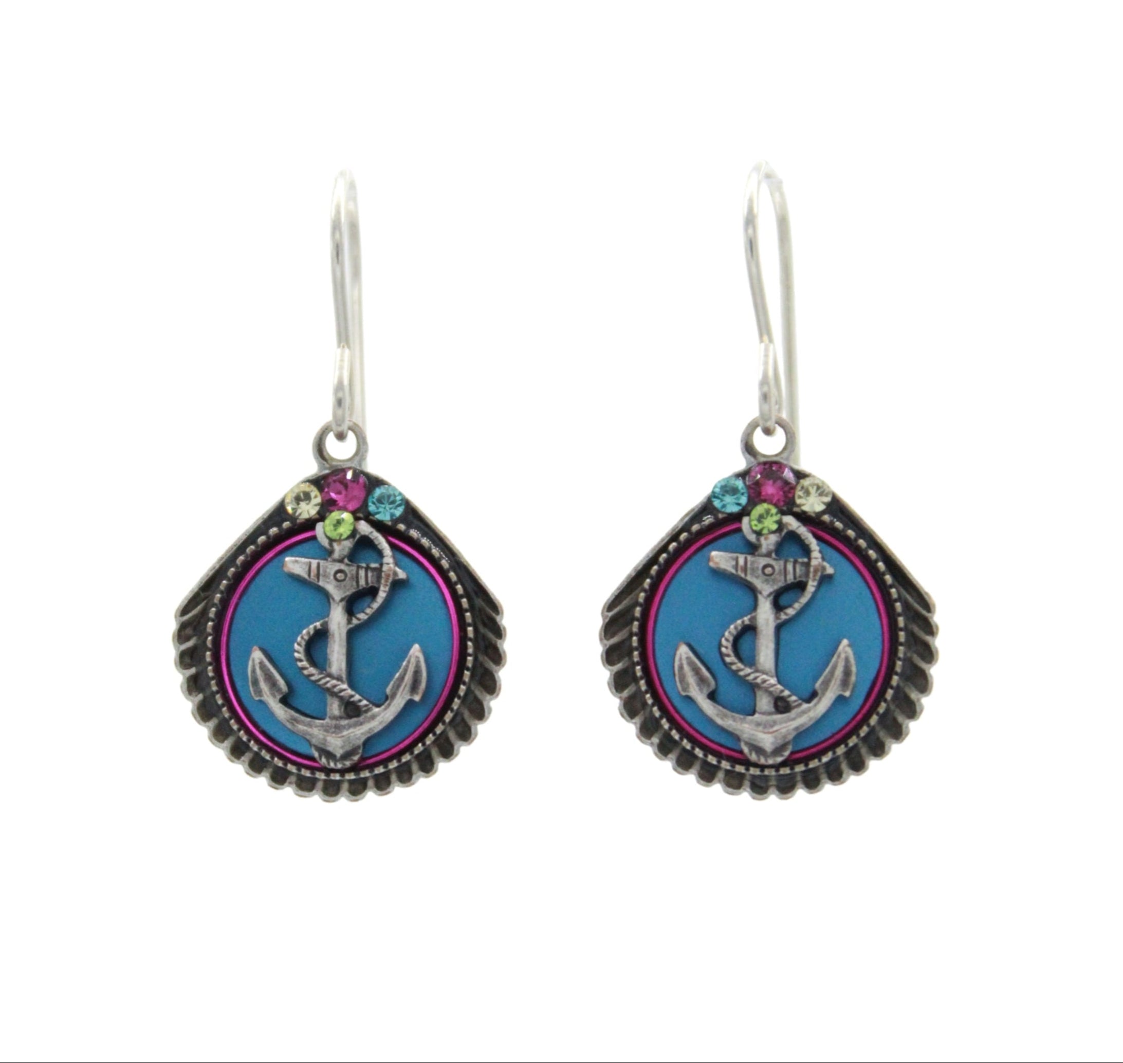 The Playa Anchor Soft Earrings by Firefly feature seashell and anchor designs with decorative accents on a blue background. Handmade in Guatemala, these fair-trade earrings from Firefly Jewelry add coastal charm to any outfit.