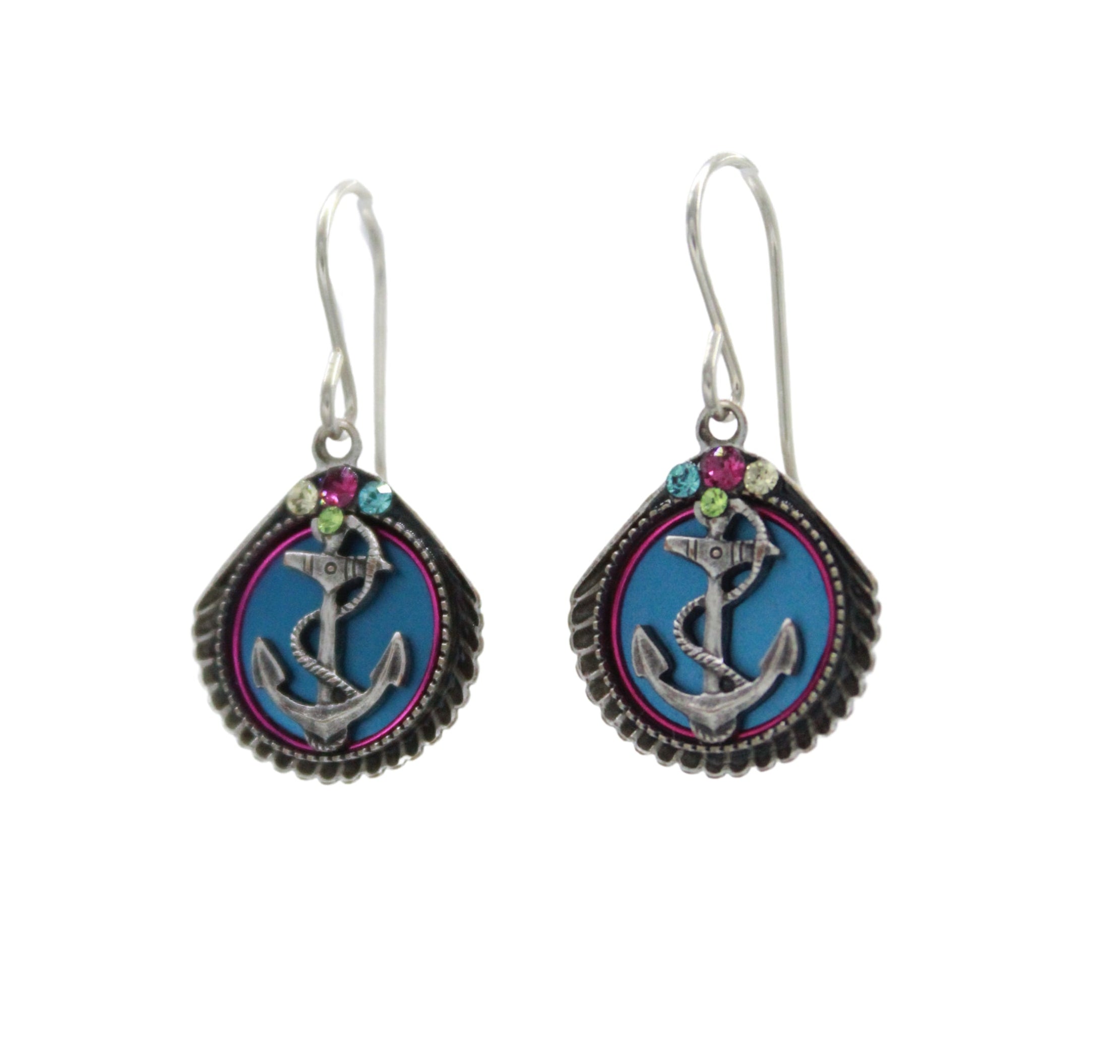 The Playa Anchor Soft Earrings by Firefly feature silver, shell-shaped blue pendants with a central anchor design and colorful accents. Handmade in Guatemala, theyre a stunning fair-trade jewelry piece.