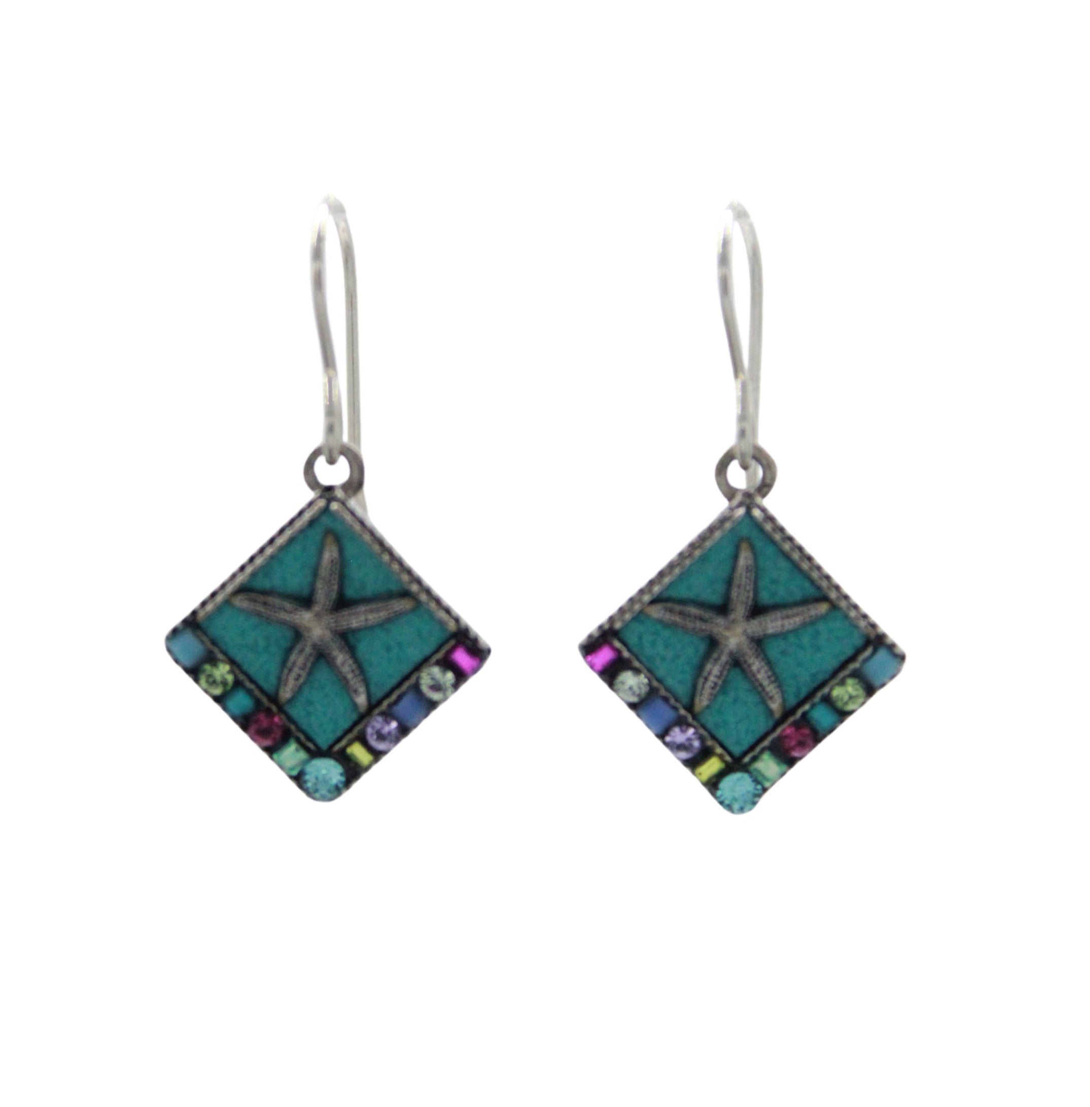 Handmade in Guatemala, Playa Starfish Soft Earrings by Firefly feature square turquoise-inlaid dangles with a starfish center and colorful mosaic border—celebrating fair-trade jewelry and artisanal craftsmanship.