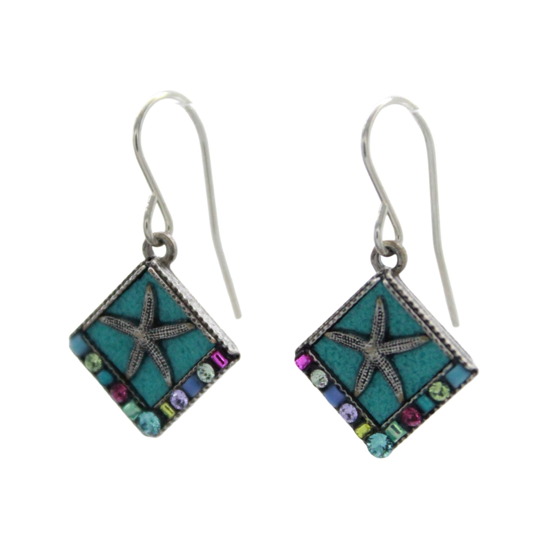 The Playa Starfish Soft Earrings by Firefly are square-shaped dangle earrings, handmade in Guatemala with a teal background, silver starfish center, and multicolored edge accents on silver hooks—a unique fair-trade jewelry piece.