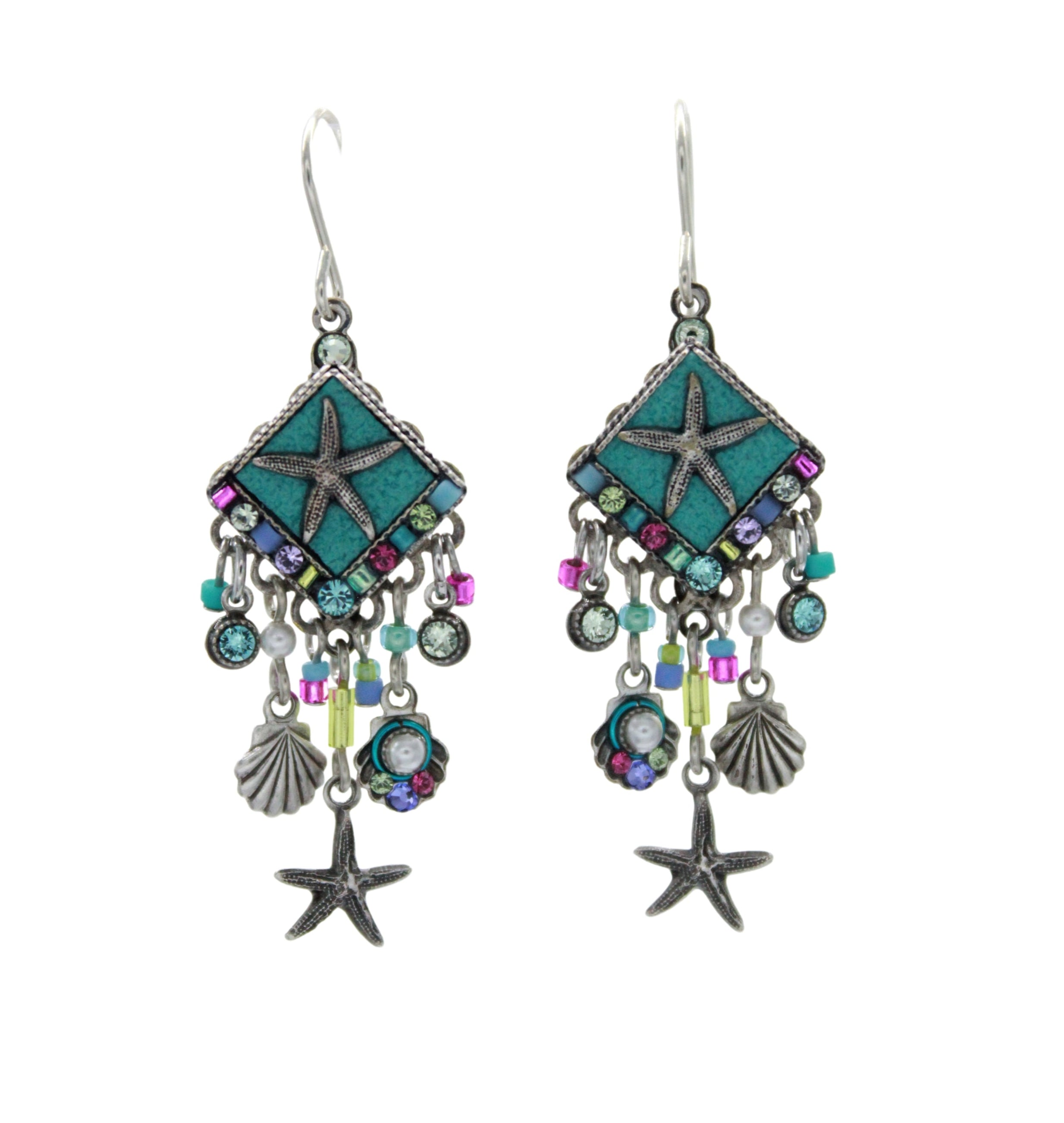 The Playa Starfish Fringe Soft Earrings by Firefly feature starfish motifs, blue-green diamond centers, colorful beads, shell charms, and dangling starfish on silver hooks—beautiful handmade fair-trade jewelry.