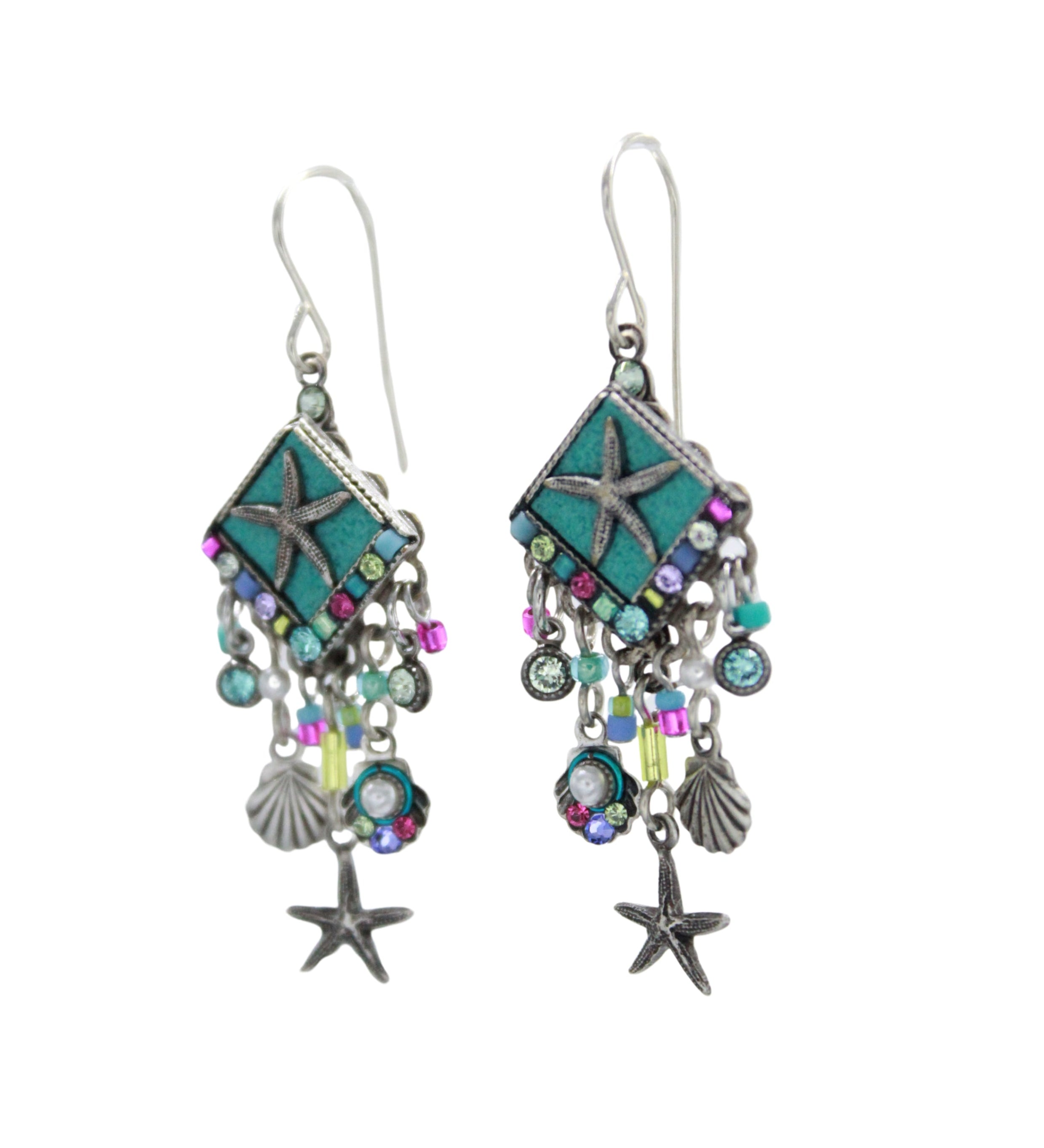 The Playa Starfish Fringe Soft Earrings by Firefly feature teal diamond-shaped tops, starfish motifs, multicolored beads, and silver-tone shell and starfish charms—handmade in Guatemala.