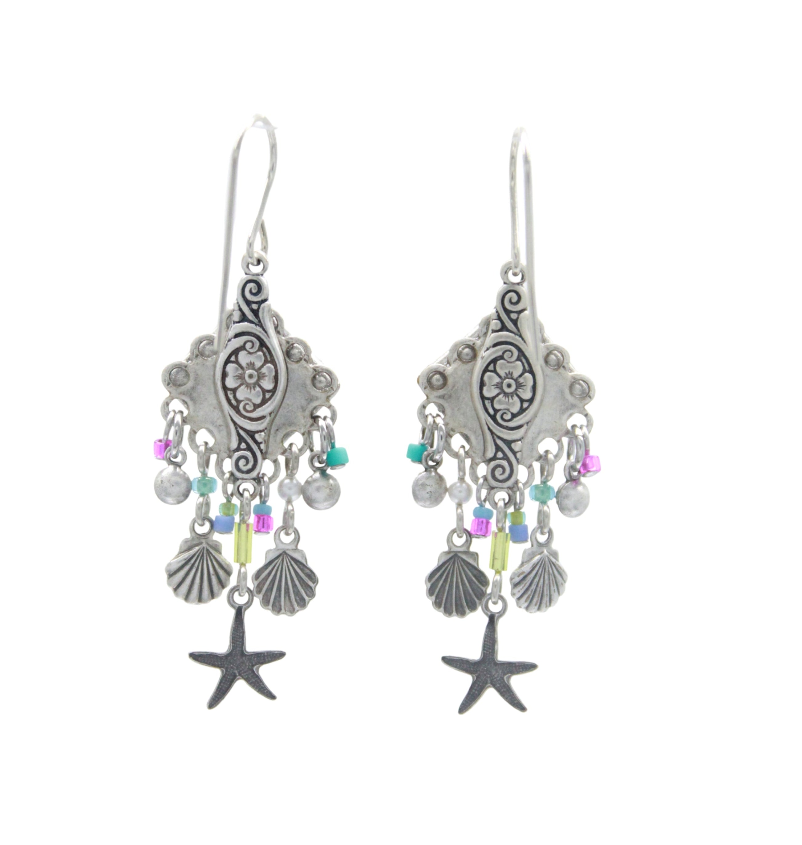 The Playa Starfish Fringe Soft Earrings by Firefly feature intricate silver dangles with colored beads, shell-shaped charms, and starfish pendants. Handmade in Guatemala, these hypo-allergenic earrings blend unique style and artisan craftsmanship.