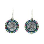 The Playa Sand Dollar Soft Earrings by Firefly feature a detailed silver floral center, multicolored gems, and silver hooks—handmade artisanal jewelry that highlights the craftsmanship of Firefly Jewelry.