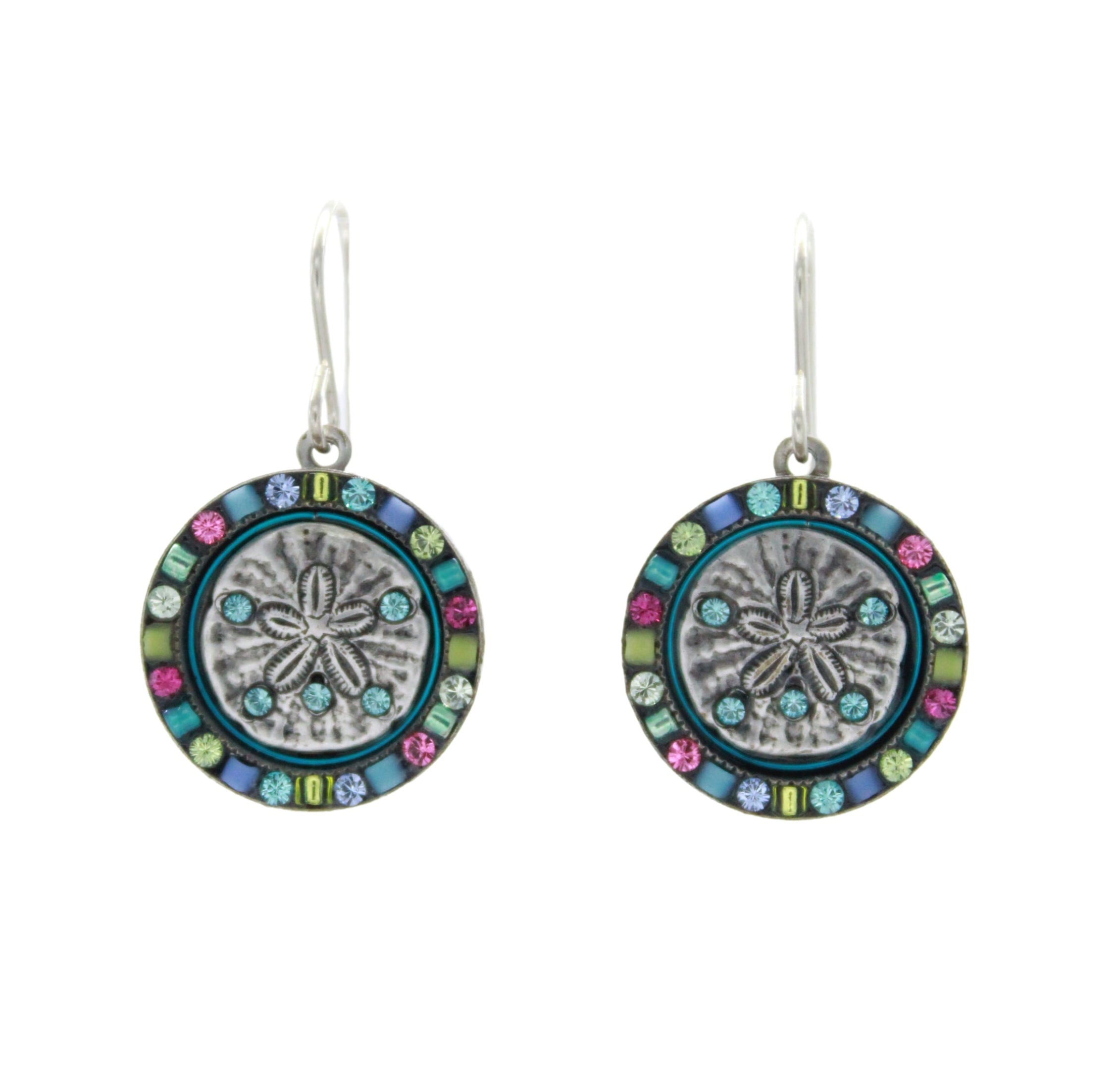 The Playa Sand Dollar Soft Earrings by Firefly feature a detailed silver floral center, multicolored gems, and silver hooks—handmade artisanal jewelry that highlights the craftsmanship of Firefly Jewelry.