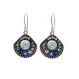 Firefly Beach Pearl Large Shell Soft Earrings feature a central round pearl with colorful gemstones in a semicircle and silver hooks.