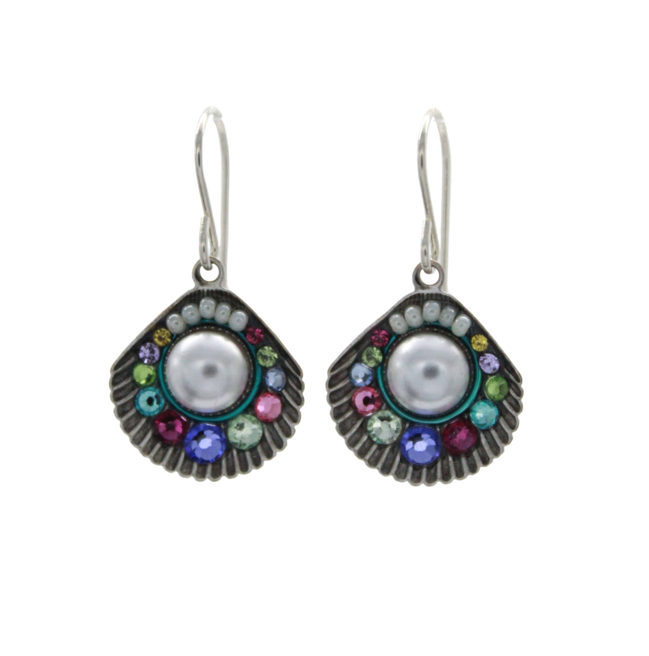 Firefly Beach Pearl Large Shell Soft Earrings feature a central round pearl with colorful gemstones in a semicircle and silver hooks.