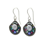 Discover Firefly’s Beach Pearl Large Shell Soft Earrings, featuring circular shell-like designs with a central white pearl and vibrant blue, green, purple, and pink accents—the perfect unique handmade jewelry by Firefly.