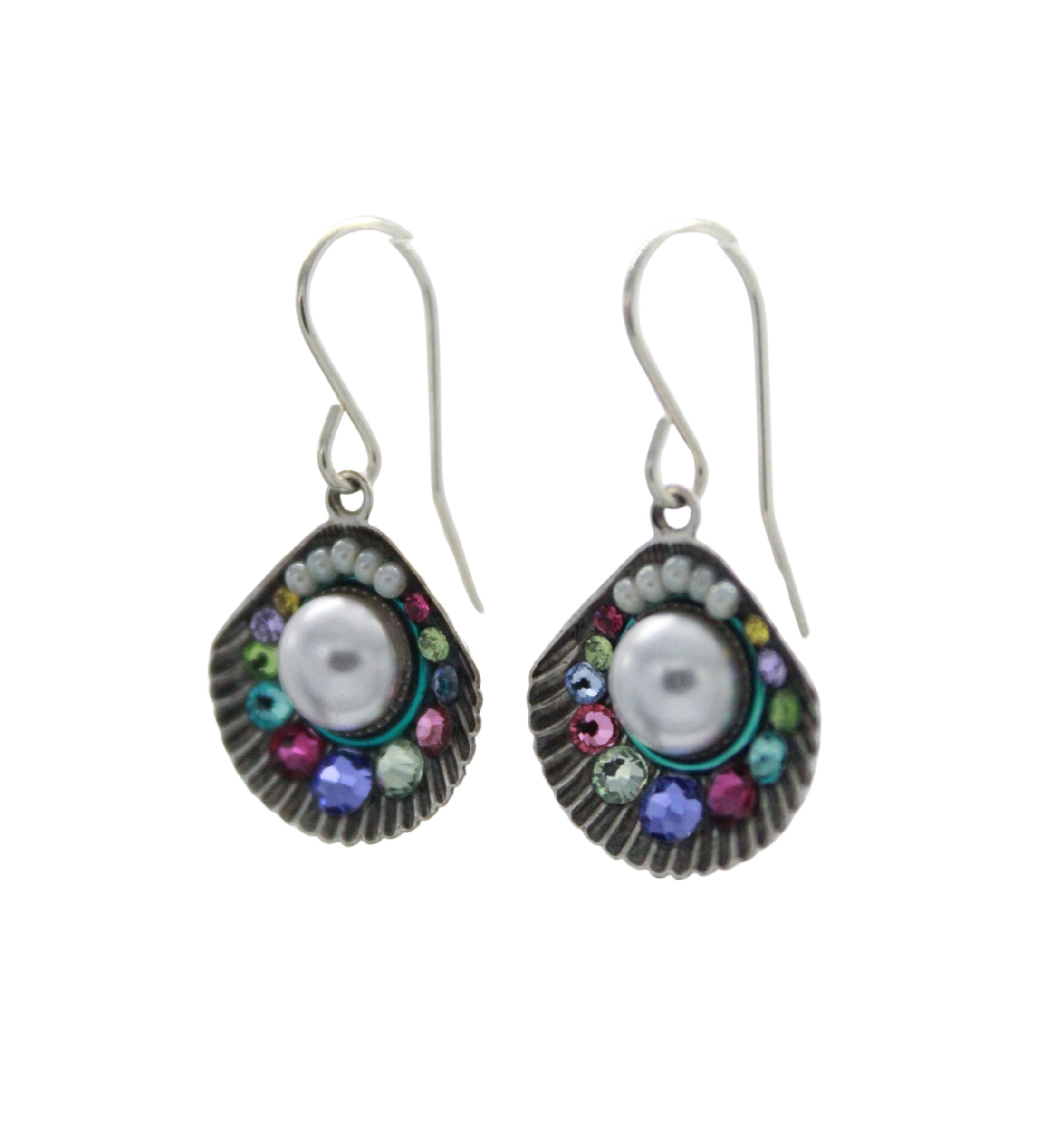 Discover Firefly’s Beach Pearl Large Shell Soft Earrings, featuring circular shell-like designs with a central white pearl and vibrant blue, green, purple, and pink accents—the perfect unique handmade jewelry by Firefly.