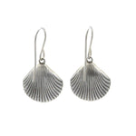 Beach Pearl Large Shell Soft Earrings by Firefly: handmade silver dangle earrings in a scallop shell shape with hooks for pierced ears, beautifully displayed on a plain white background.