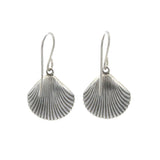 Beach Pearl Large Shell Soft Earrings by Firefly: handmade silver dangle earrings in a scallop shell shape with hooks for pierced ears, beautifully displayed on a plain white background.