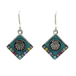 Beach Pearl Diamond Shell Soft Earrings by Firefly are handmade in Guatemala, featuring a seashell design, turquoise background, colorful stones along the diamond edges, and easy-to-wear hooks. Fair-trade jewelry from Firefly.