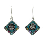 Beach Pearl Diamond Shell Soft Earrings by Firefly are handmade in Guatemala, featuring a seashell design, turquoise background, colorful stones along the diamond edges, and easy-to-wear hooks. Fair-trade jewelry from Firefly.