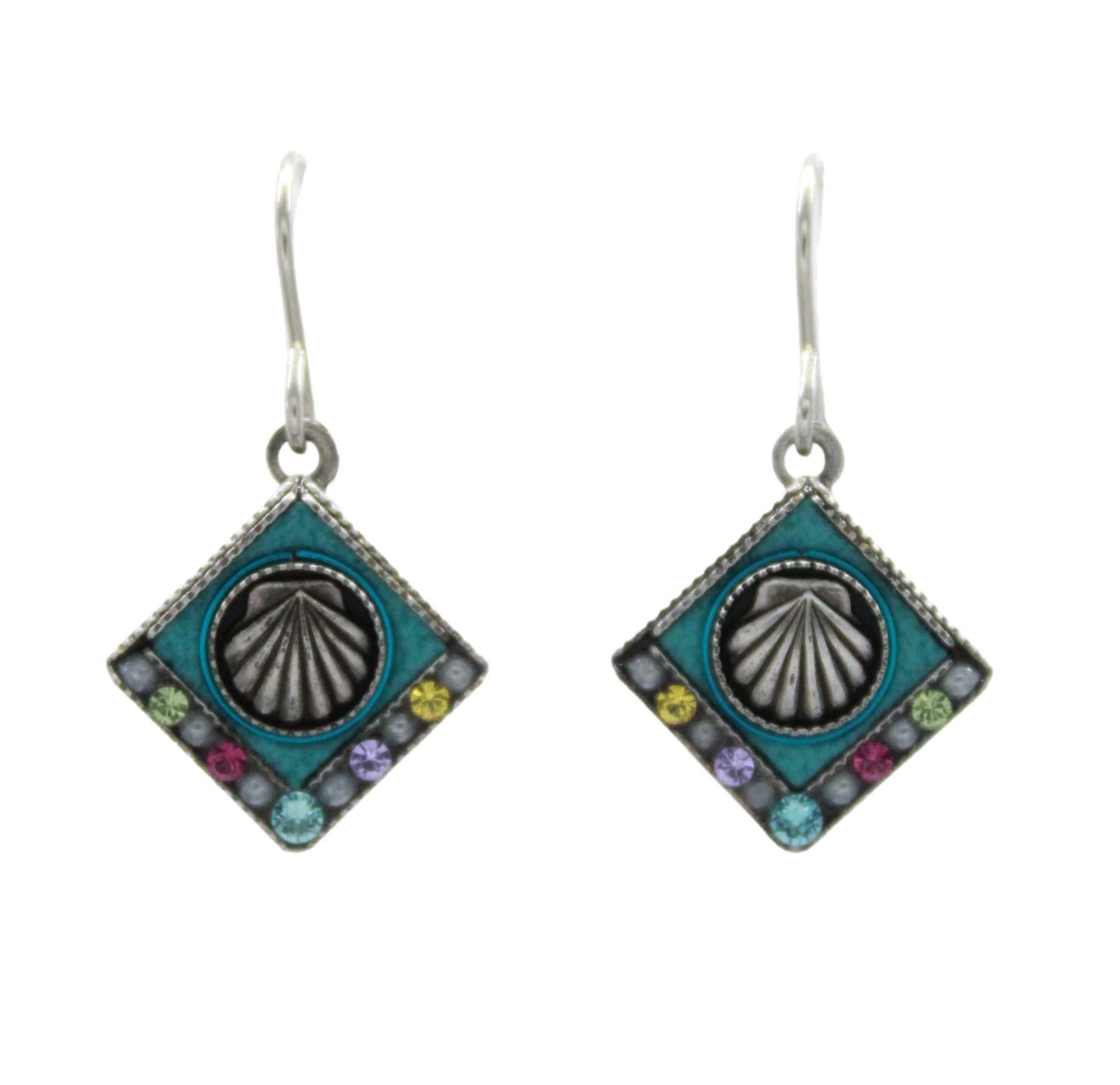Beach Pearl Diamond Shell Soft Earrings by Firefly are handmade in Guatemala, featuring a seashell design, turquoise background, colorful stones along the diamond edges, and easy-to-wear hooks. Fair-trade jewelry from Firefly.