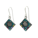 The Firefly Beach Pearl Diamond Shell Soft Earrings are square dangle earrings with turquoise and multicolored accents, a central shell design, and silver hooks. Handmade in Guatemala, these are fair-trade jewelry pieces by Firefly.