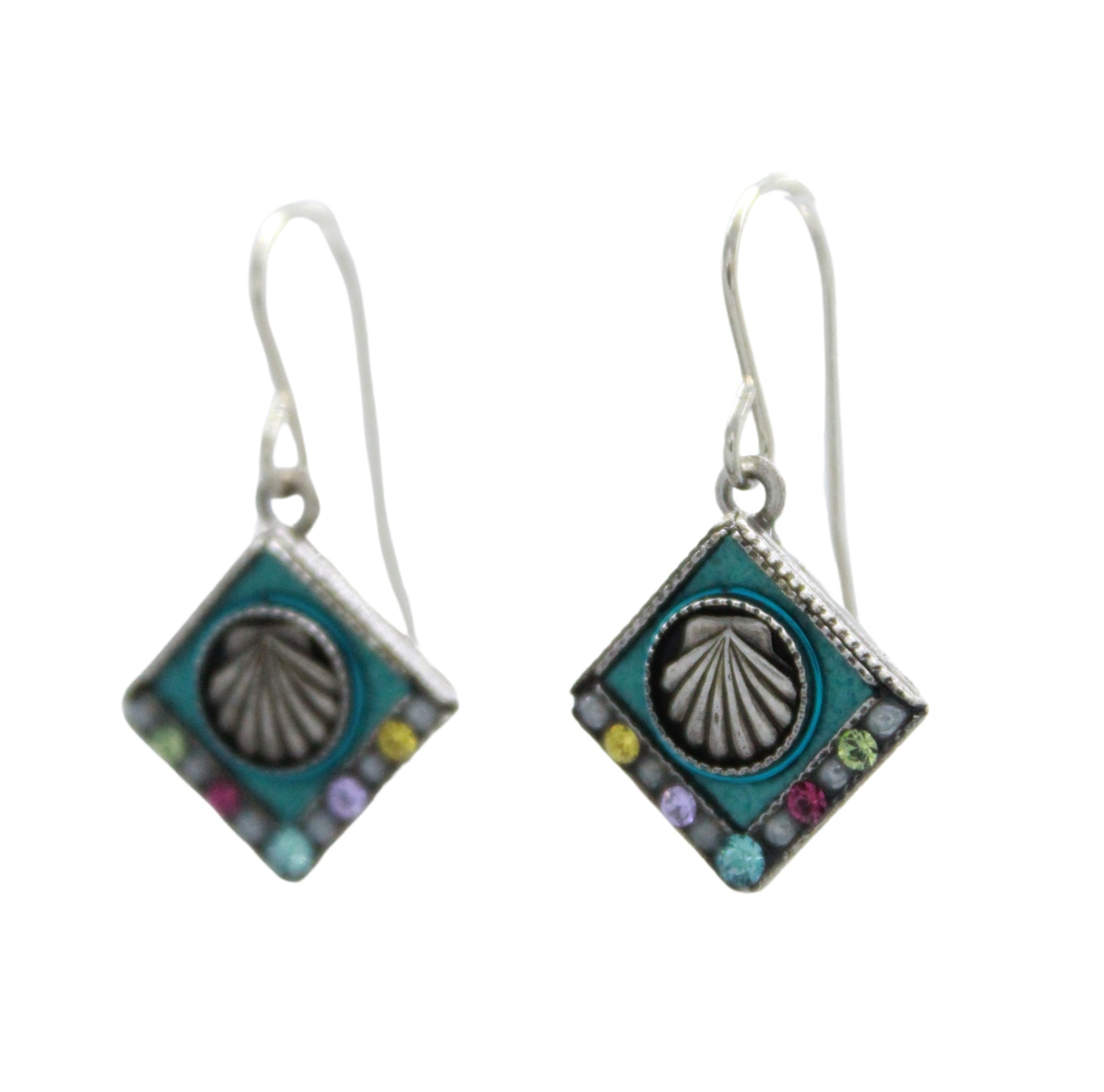 The Firefly Beach Pearl Diamond Shell Soft Earrings are square dangle earrings with turquoise and multicolored accents, a central shell design, and silver hooks. Handmade in Guatemala, these are fair-trade jewelry pieces by Firefly.