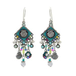 The Beach Pearl Diamond Shell w/Fringe Soft Earrings by Firefly feature ornate silver, diamond-shaped blue and teal centers, shell motifs, colorful beads, playful charms, and a single Beach Pearl—handmade in Guatemala for unique elegance.