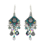 The Beach Pearl Diamond Shell w/Fringe Soft Earrings by Firefly feature ornate silver, diamond-shaped blue and teal centers, shell motifs, colorful beads, playful charms, and a single Beach Pearl—handmade in Guatemala for unique elegance.