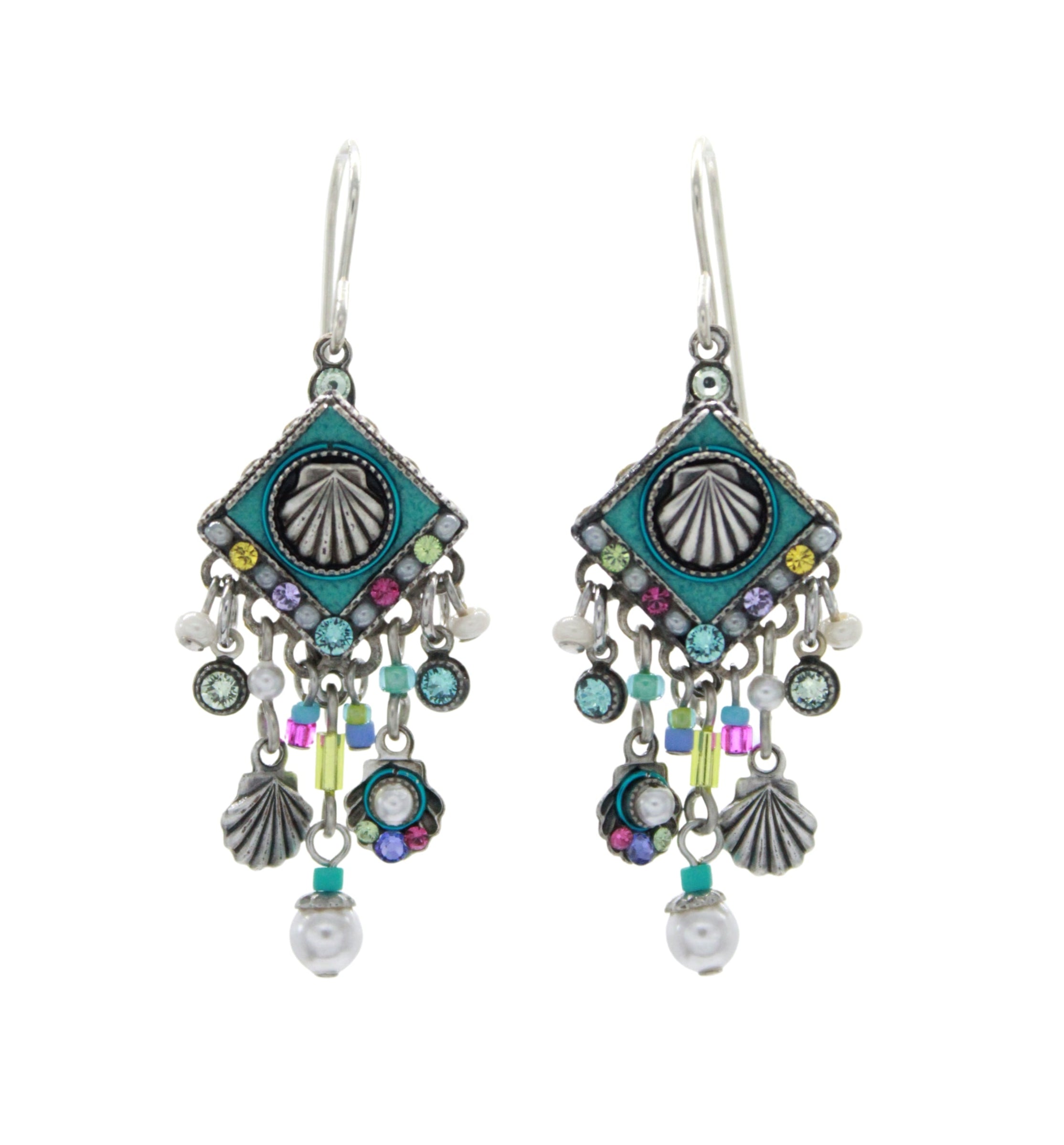 The Beach Pearl Diamond Shell w/Fringe Soft Earrings by Firefly feature ornate silver, diamond-shaped blue and teal centers, shell motifs, colorful beads, playful charms, and a single Beach Pearl—handmade in Guatemala for unique elegance.