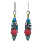 The Firefly Beach Glass Navette Soft Earrings are handmade, fair-trade dangle earrings with blue, pink, and turquoise accents plus a central red shell design. They hang from silver hooks and showcase colorful ornate artistry by Firefly.