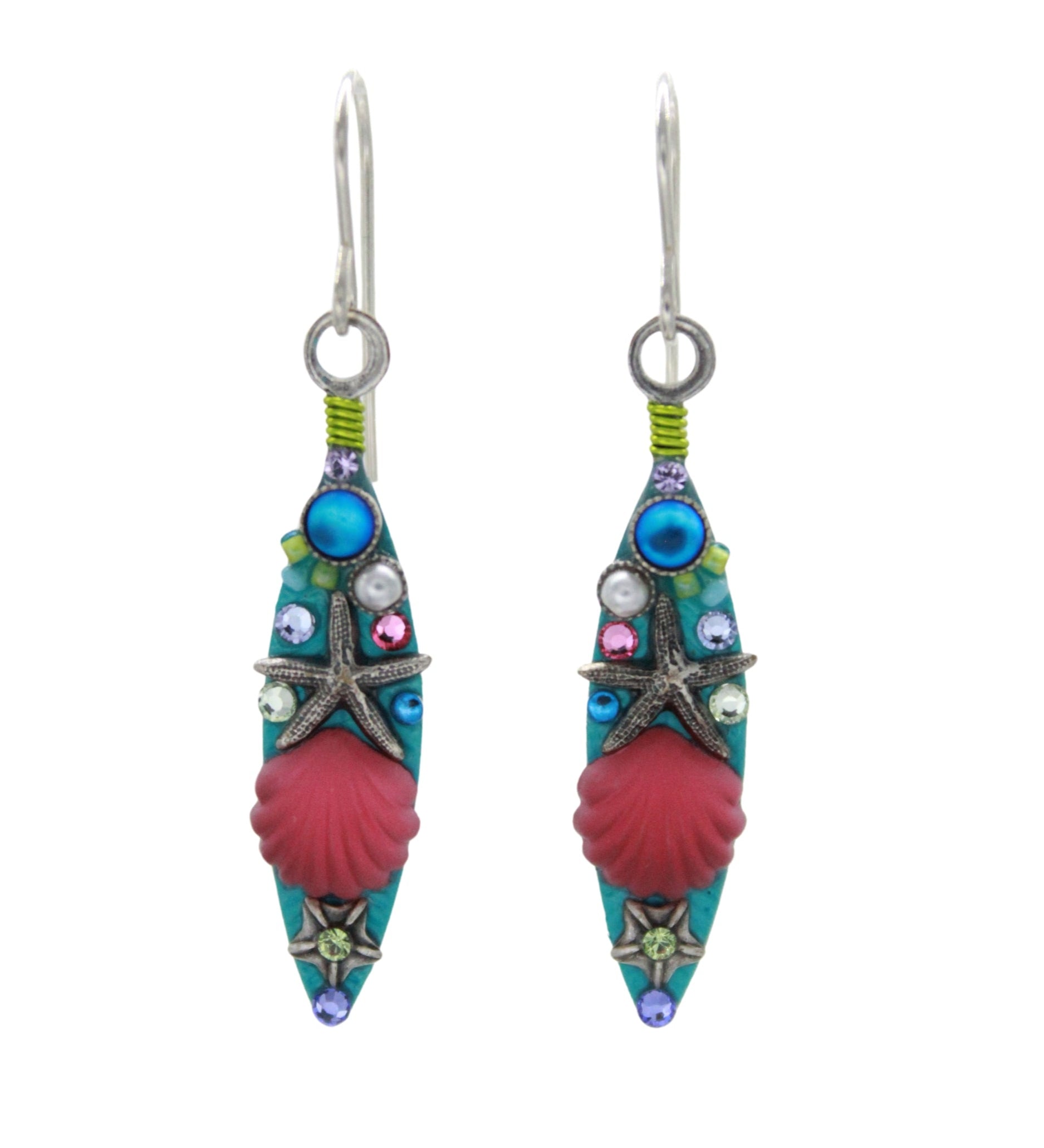 The Firefly Beach Glass Navette Soft Earrings are handmade, fair-trade dangle earrings with blue, pink, and turquoise accents plus a central red shell design. They hang from silver hooks and showcase colorful ornate artistry by Firefly.