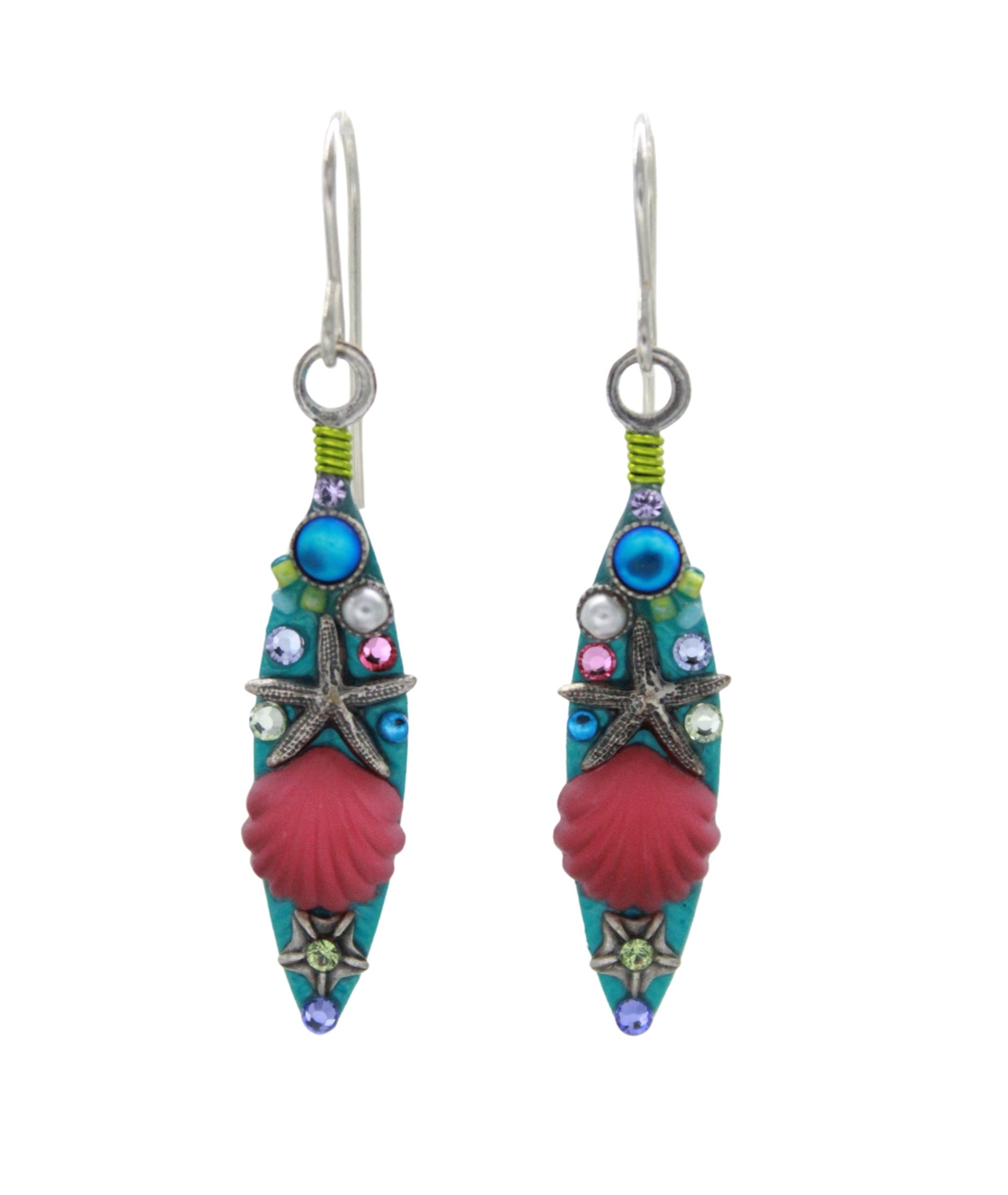 The Firefly Beach Glass Navette Soft Earrings are handmade, fair-trade dangle earrings with blue, pink, and turquoise accents plus a central red shell design. They hang from silver hooks and showcase colorful ornate artistry by Firefly.